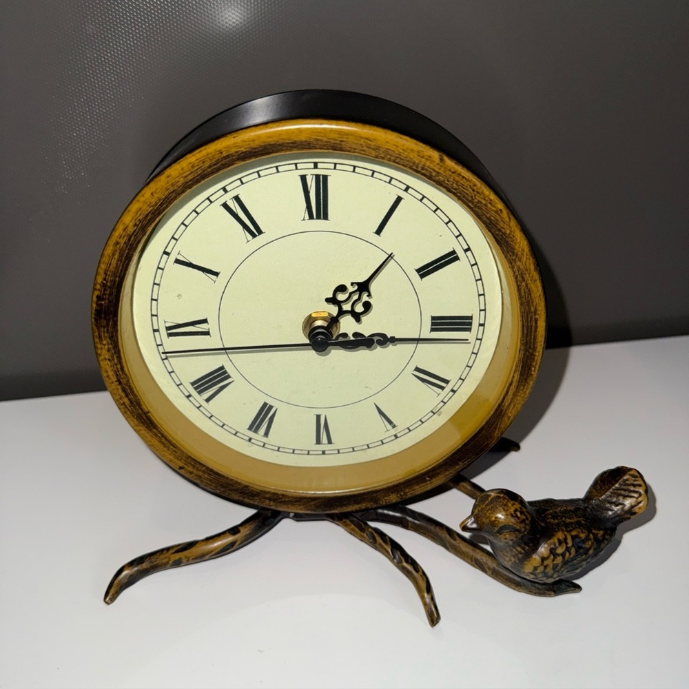 Pier 1 Brass-Toned Round Mantel Clock with Bird Accent